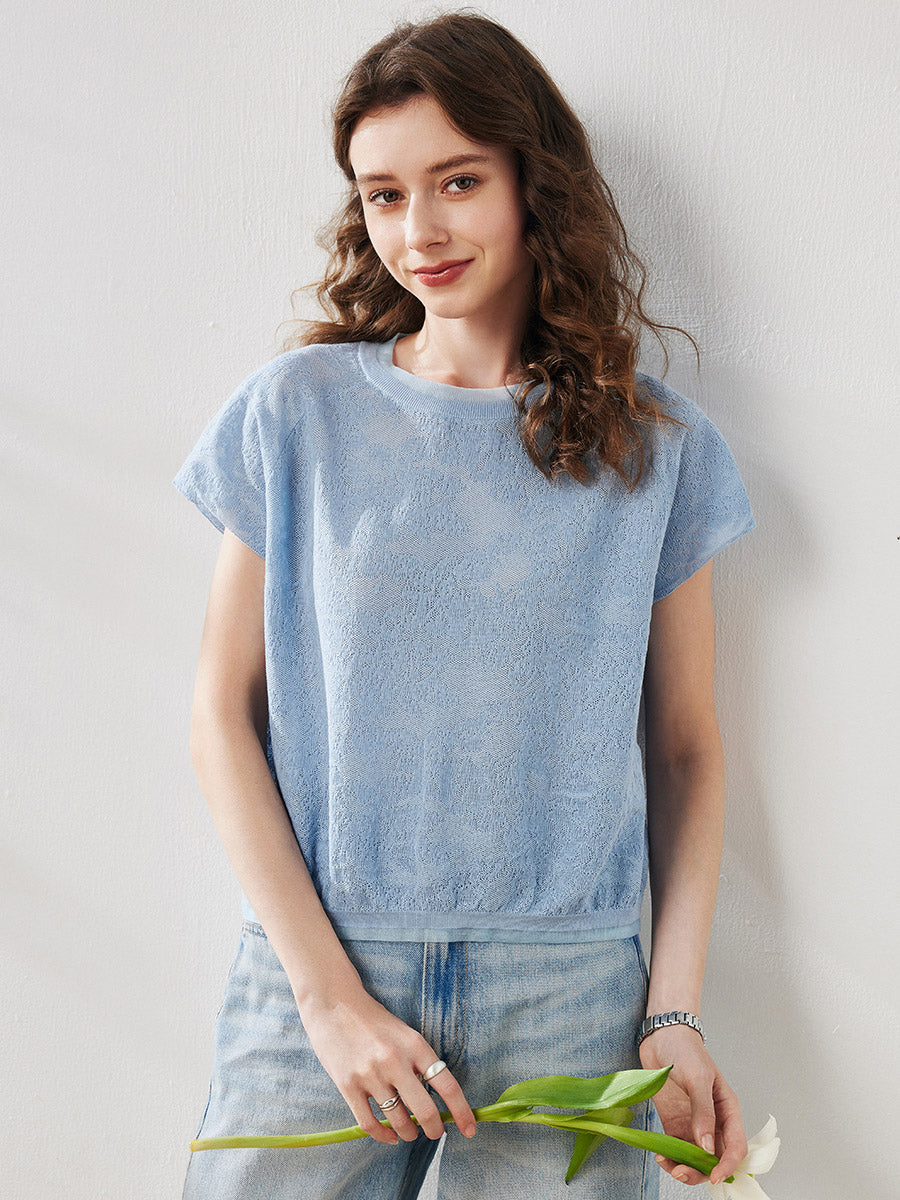COMOBOCA XXL Light Blue Women's Lace Patterned Knit T-Shirt