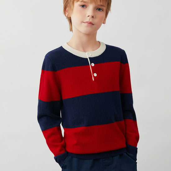 COMOBOCA 100% Wool Kids' Striped Henley Sweater
