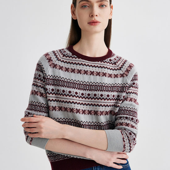 COMOBOCA 100% Cashmere Women's Fair Isle Round Neck Knit Sweater