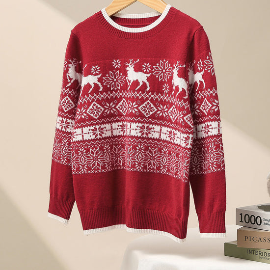 COMOBOCA Red 100% Wool Kids' Nordic Reindeer Pattern Knit Sweater