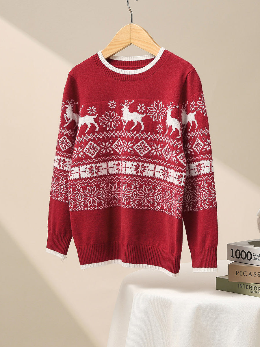COMOBOCA Red 100% Wool Kids' Nordic Reindeer Pattern Knit Sweater