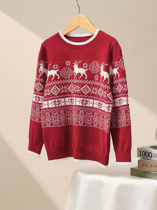 COMOBOCA Red 100% Wool Kids' Nordic Reindeer Pattern Knit Sweater