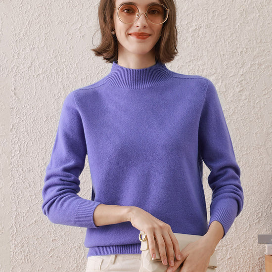 COMOBOCA PURPLE 100% Wool Women's All-Match Mock Neck Sweater