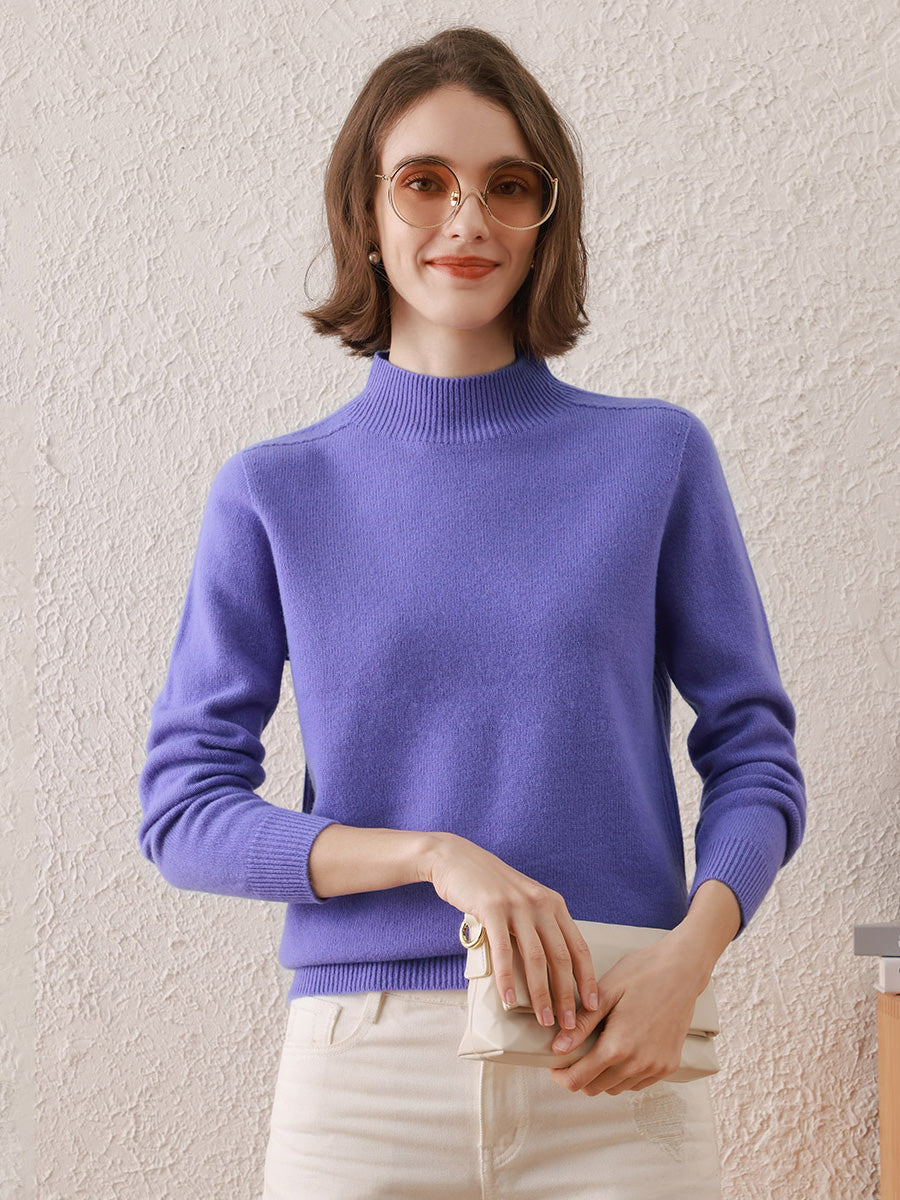 COMOBOCA PURPLE 100% Wool Women's All-Match Mock Neck Sweater