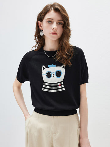 COMOBOCA Women's Cartoon Animal Intarsia Knit T-Shirt