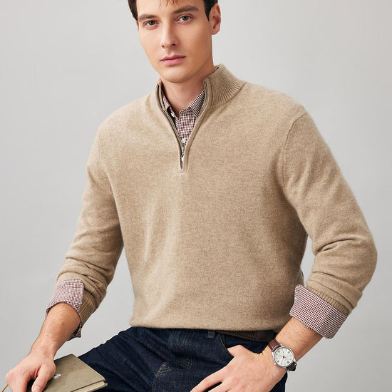 COMOBOCA 100% Cashmere Men's Half Zip Mock Neck Sweater