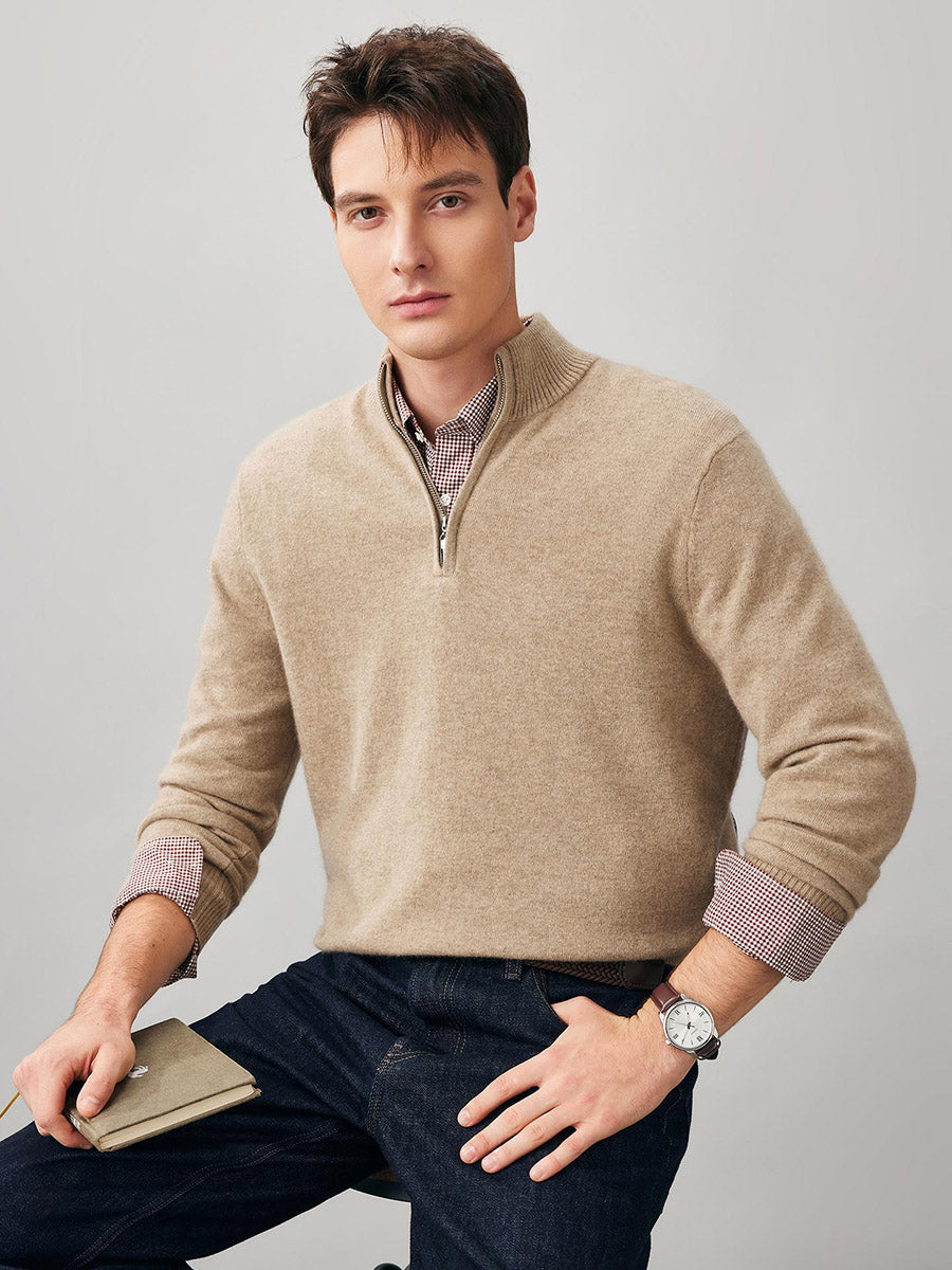 COMOBOCA 100% Cashmere Men's Half Zip Mock Neck Sweater