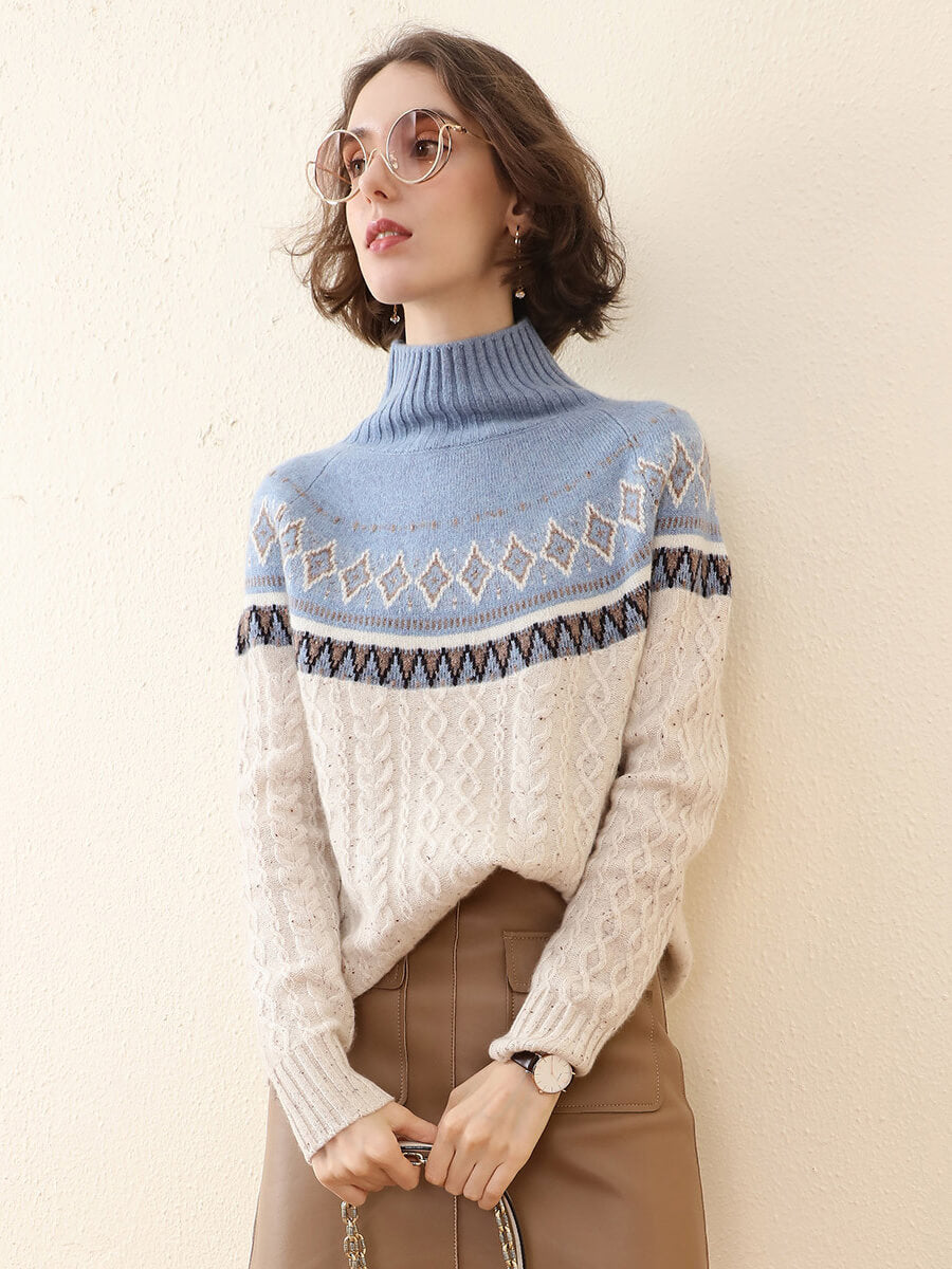 100% Cashmere Women's Mock Neck Fair Isle Cable Knit Sweater