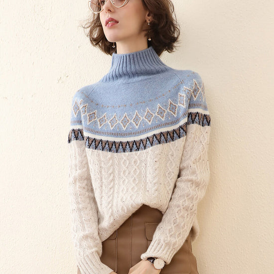 COMOBOCA 100% Cashmere Women's Mock Neck Fair Isle Cable Knit Sweater