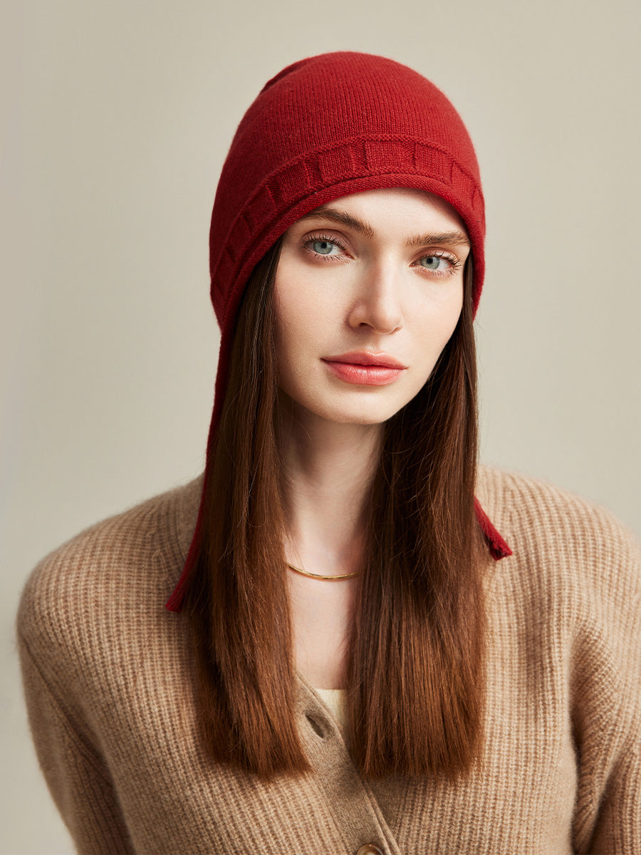 COMOBOCA Deep Red 100% Cashmere Women's Knit Beanie with Ties