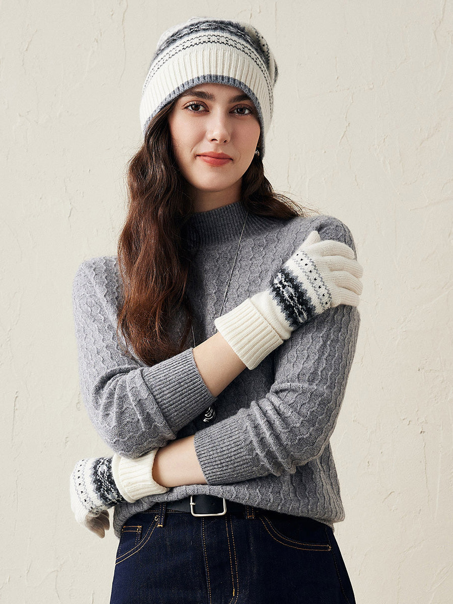 COMOBOCA 100% Cashmere Soft Knit Gloves with Nordic Design