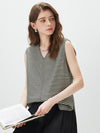 Women's V-neck Mulberry Silk Cotton Plaid Sleeveless Vest With Side Slit