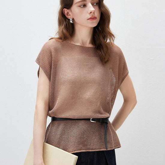 COMOBOCA Women's Sheer Mesh Knit Cap Sleeve Top with Side Slit