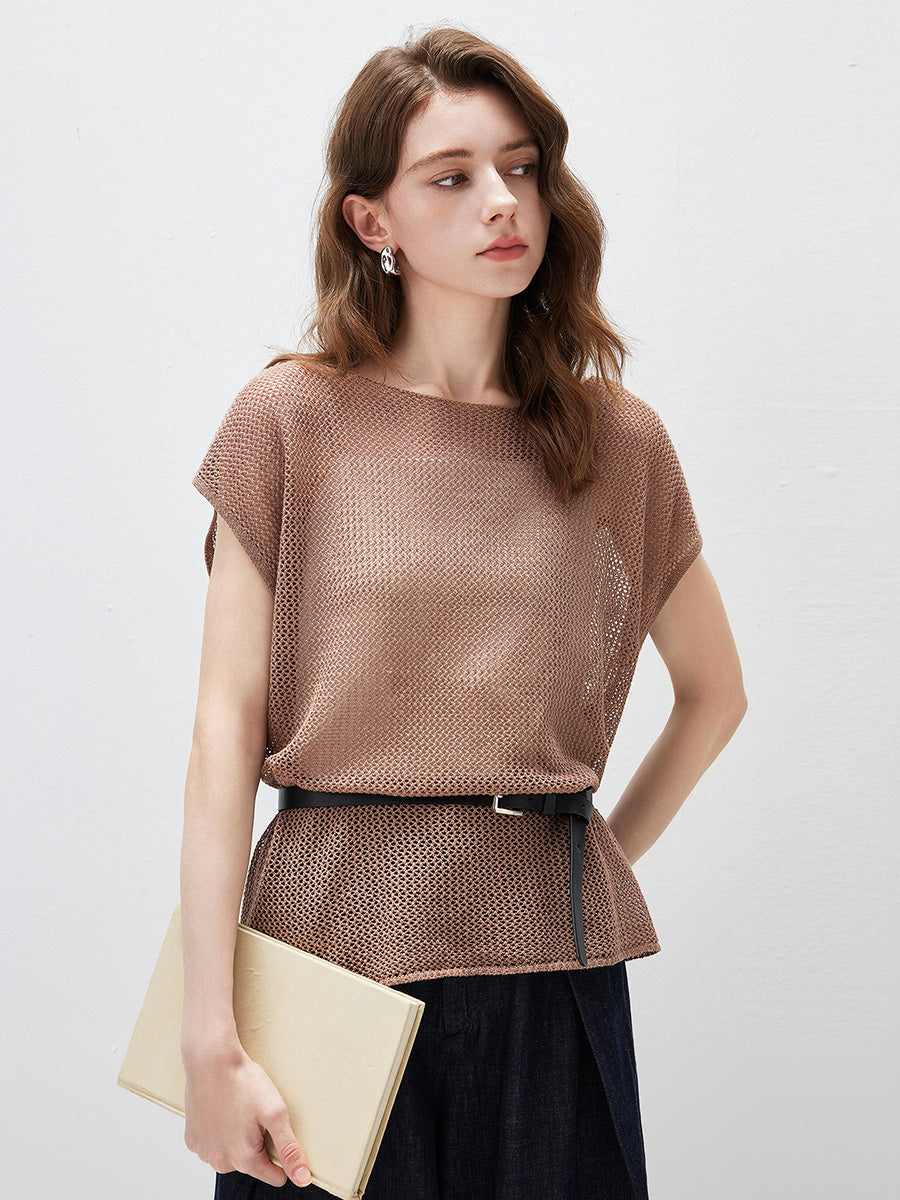 COMOBOCA Women's Sheer Mesh Knit Cap Sleeve Top with Side Slit