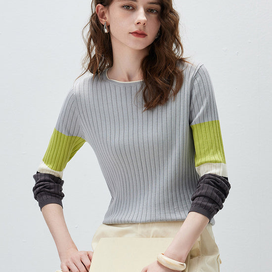COMOBOCA Women's Ribbed Color Block Round Neck Knit Sweater