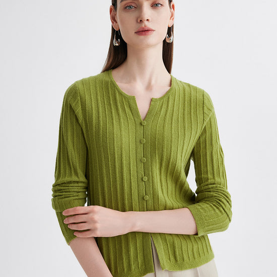 COMOBOCA Olive Green 100% Cashmere Women's Ribbed Faux Knit Cardigan Sweater