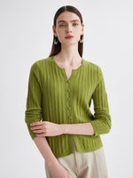 COMOBOCA Olive Green 100% Cashmere Women's Ribbed Faux Knit Cardigan Sweater