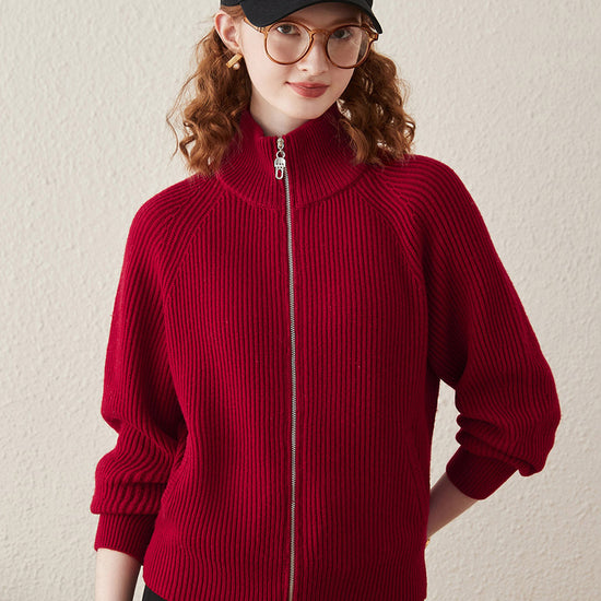 COMOBOCA Red 100% Wool Women's Half-High Neck Zip Cardigan