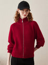 COMOBOCA Red 100% Wool Women's Half-High Neck Zip Cardigan