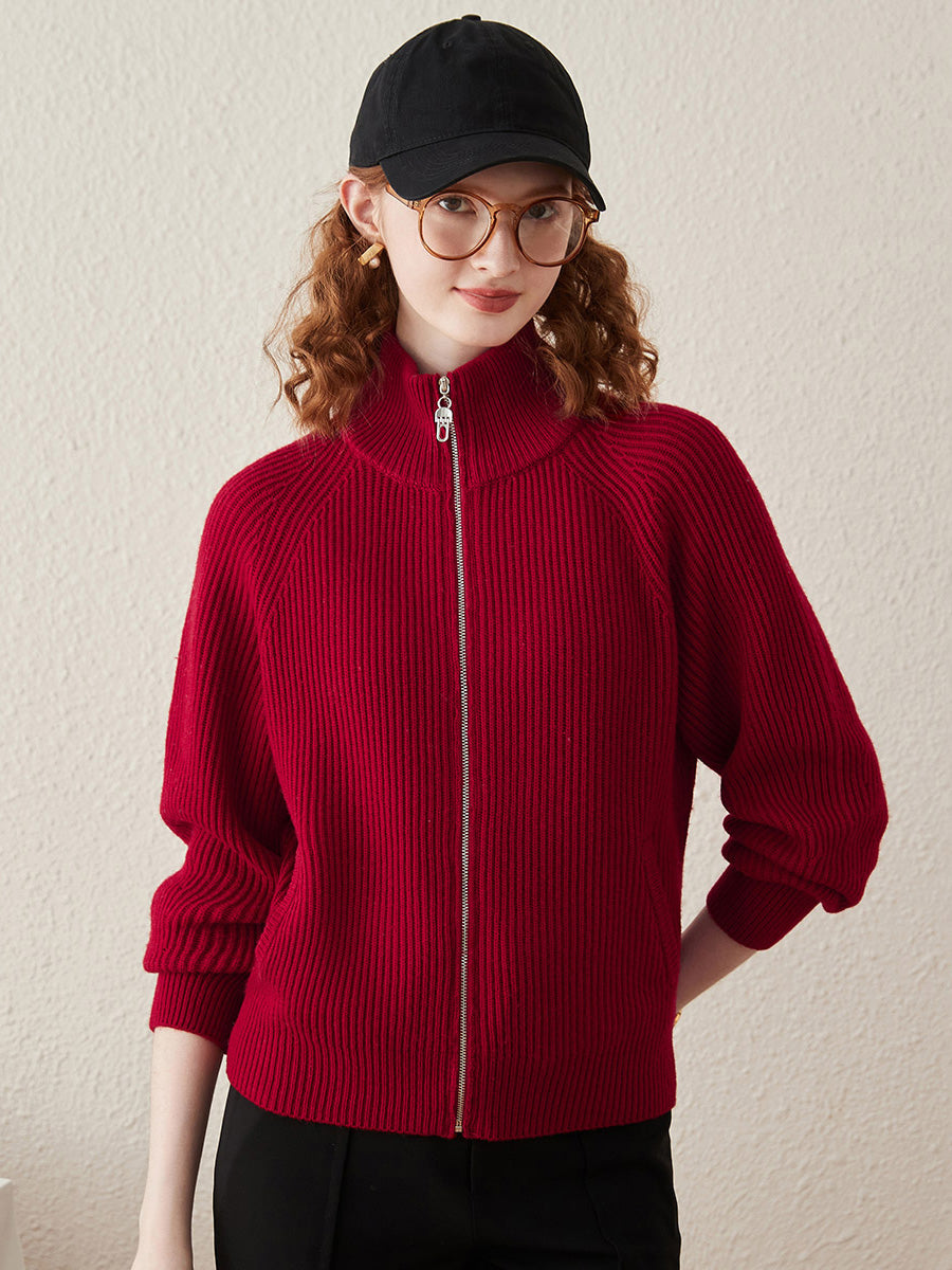 COMOBOCA Red 100% Wool Women's Half-High Neck Zip Cardigan