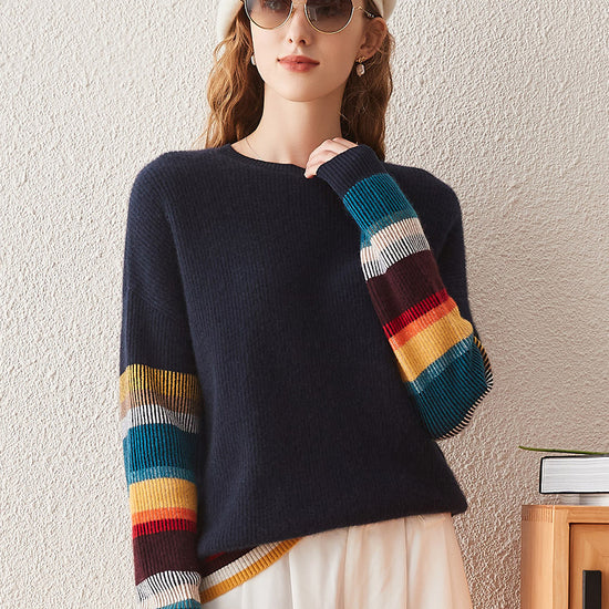 COMOBOCA 100% Cashmere Women's Striped Round Neck Sweater