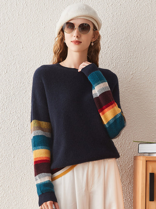 COMOBOCA 100% Cashmere Women's Striped Round Neck Sweater