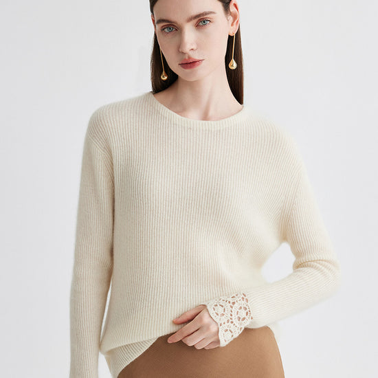 COMOBOCA Beige 100% Cashmere Women's Ribbed Crochet Lace Cuffs Sweater
