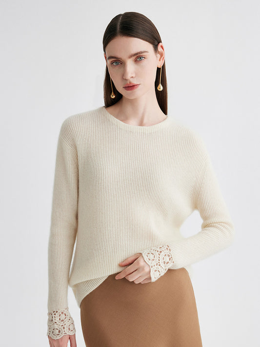 COMOBOCA Beige 100% Cashmere Women's Ribbed Crochet Lace Cuffs Sweater