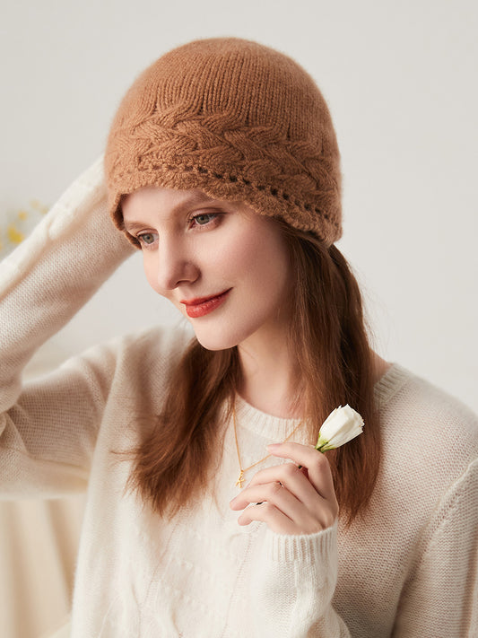 COMOBOCA Camel 100% Cashmere Women's Crochet Trim Cable Knit Beanie