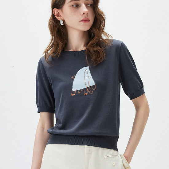 COMOBOCA Charcoal Women's Elephant Intarsia Ribbed Knit T-Shirt