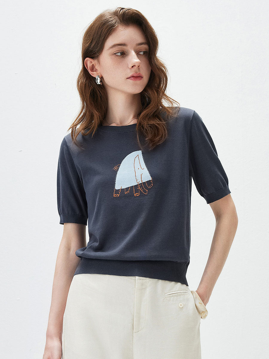 COMOBOCA Charcoal Women's Elephant Intarsia Ribbed Knit T-Shirt