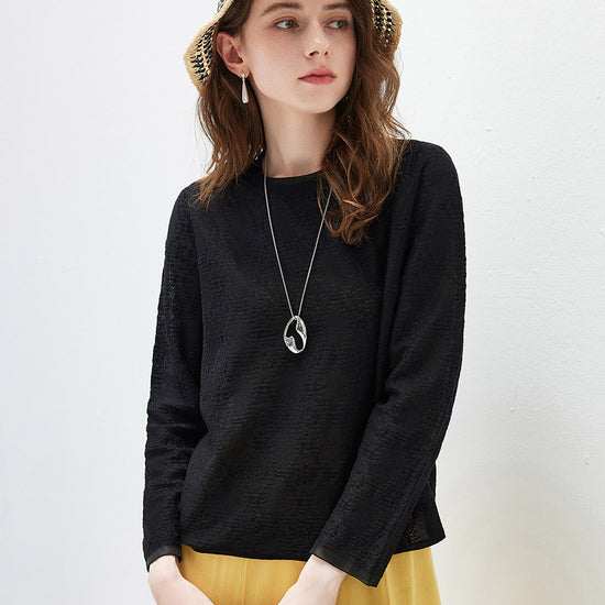 COMOBOCA Women's Textured Sheer Knit Round Neck Sweater