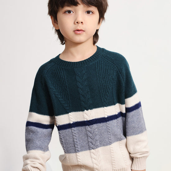 COMOBOCA DARK BLUE 100% Wool Kids' Round Neck Striped Sweater