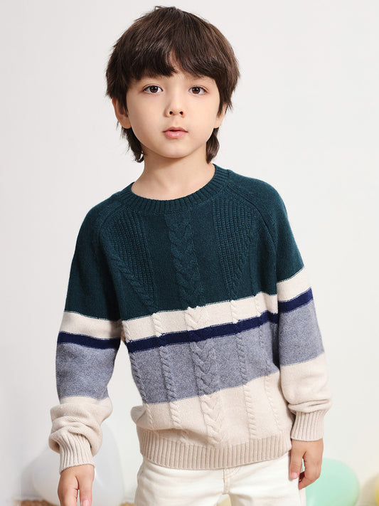 COMOBOCA DARK BLUE 100% Wool Kids' Round Neck Striped Sweater