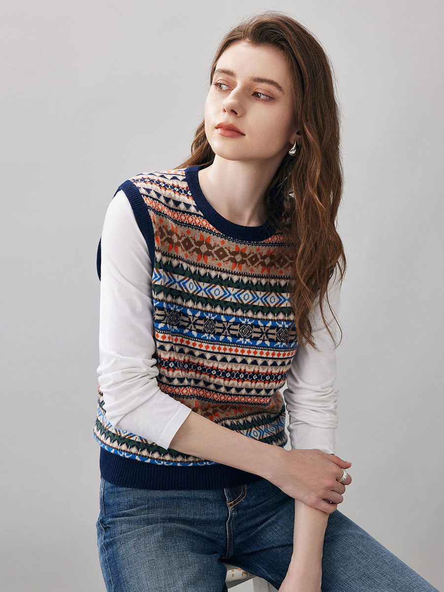 COMOBOCA 100% Wool Women's Fair Isle Knit Vest
