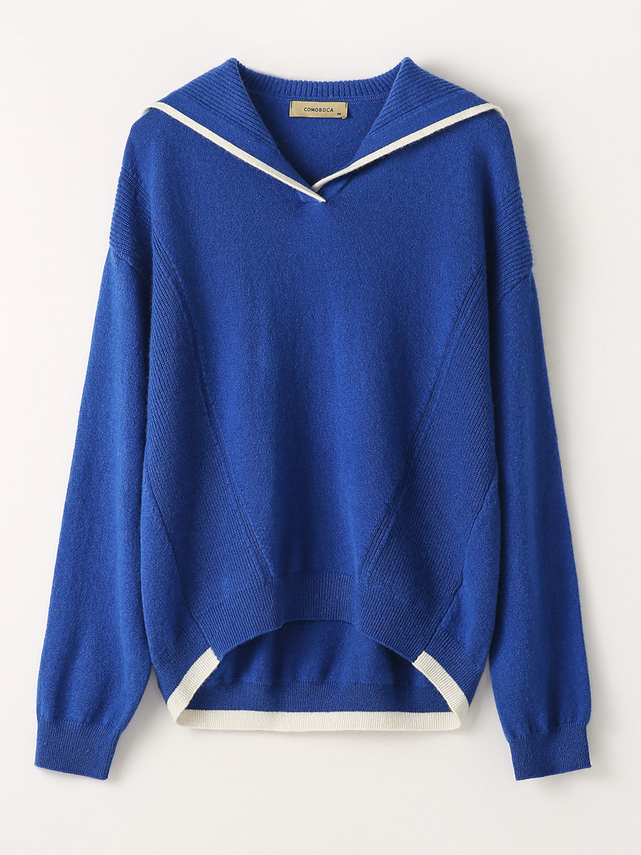 COMOBOCA Blue 100% Cashmere Women's Sailor Collar Sweater