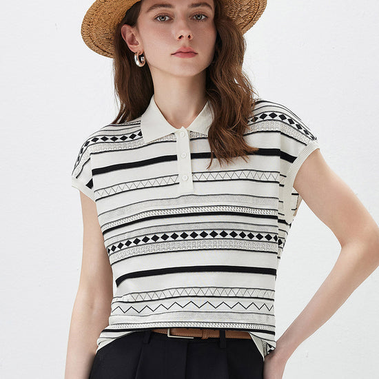 COMOBOCA Striped Women's Geometric Stripe Polo Knit T-Shirt