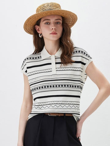 COMOBOCA Striped Women's Geometric Stripe Polo Knit T-Shirt
