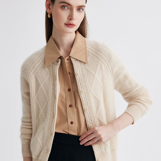 COMOBOCA Beige 100% Cashmere Women's Argyle Cable Button Up Knit Cardigan