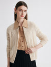 COMOBOCA Beige 100% Cashmere Women's Argyle Cable Button Up Knit Cardigan