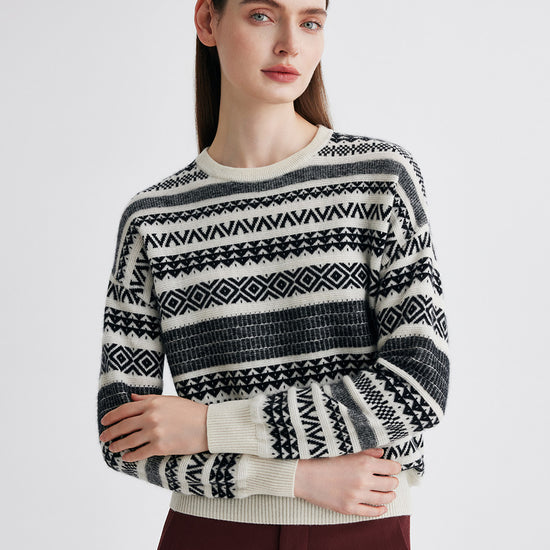 COMOBOCA 100% Cashmere Women's Fair Isle Round Neck Knit Sweater