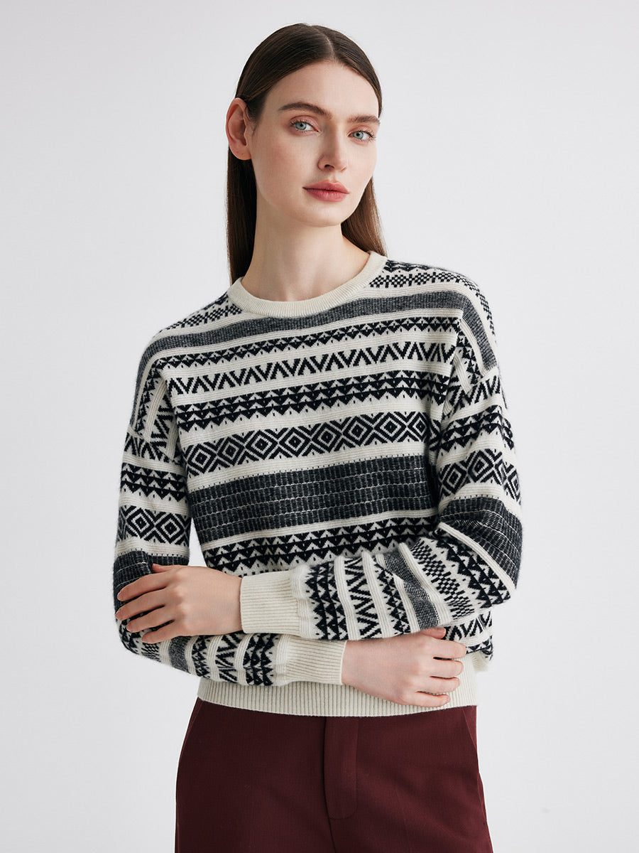 COMOBOCA 100% Cashmere Women's Fair Isle Round Neck Knit Sweater