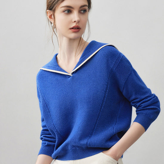 COMOBOCA Blue 100% Cashmere Women's Sailor Collar Sweater