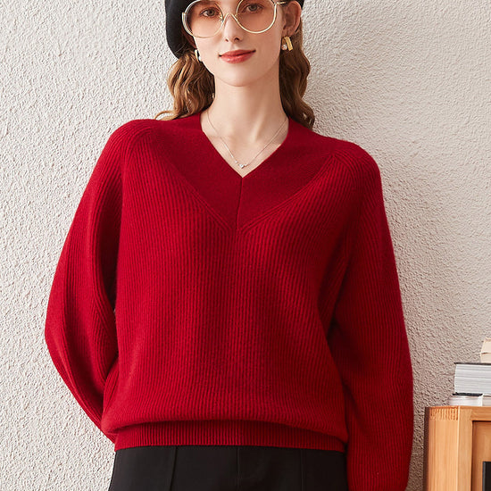 COMOBOCA RED 100% Cashmere Women's Lantern Sleeve V-Neck Knit Sweater
