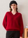 COMOBOCA RED 100% Cashmere Women's Lantern Sleeve V-Neck Knit Sweater