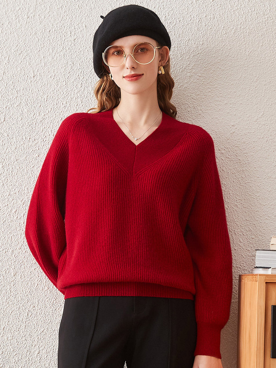 COMOBOCA RED 100% Cashmere Women's Lantern Sleeve V-Neck Knit Sweater