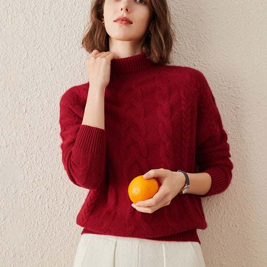 COMOBOCA 100% Cashmere Women's Turtleneck Cable Knit Sweater