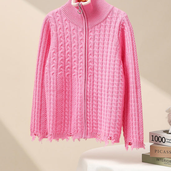 COMOBOCA 100% Wool Kid's Cable Knit Turtleneck Zip Up Cardigan