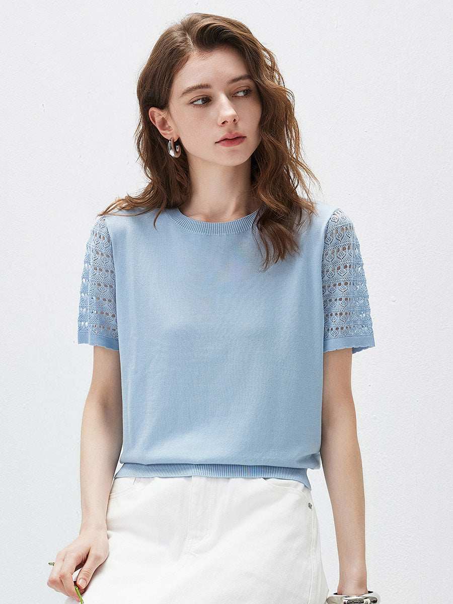 COMOBOCA Light Blue Women's Lace Round Neck Knit T-Shirt