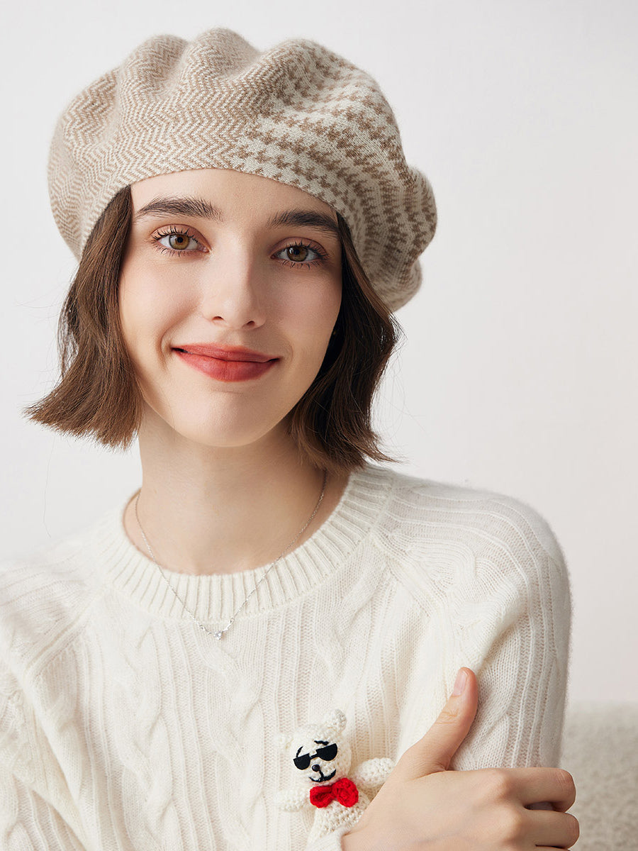 COMOBOCA 100% Cashmere Elegant Houndstooth Knit Beret